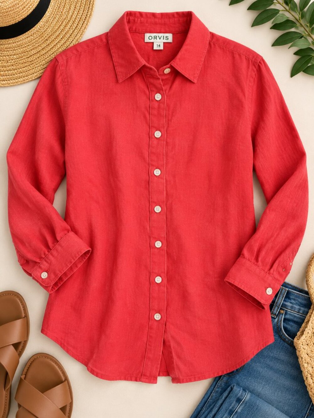 Orvis 100% Linen Button Down Shirt Women’s 14 Coral Red Long Sleeve Coastal